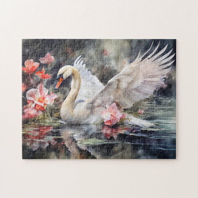Swan in lotus pond with soft colors puzzle (Horizontal)