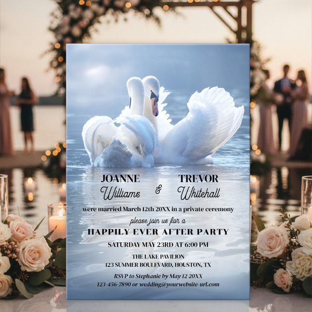Swan Lake Happily Ever After Party Einladung (Happily ever after wedding invitation featuring two swans in love on a sunlit lake)