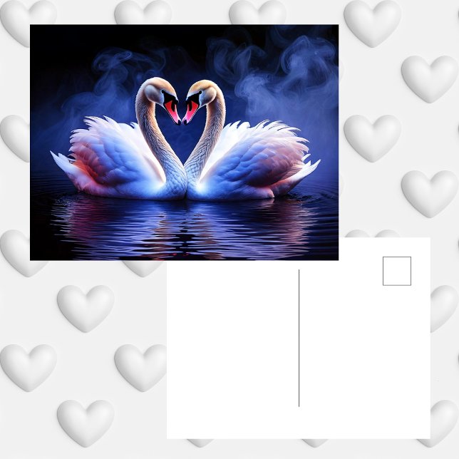 Swan Liebe Herzgotische Romantik Postkarte (swans, love, gothic, romance, heart, dark, purple, black, fog, water, bird, nature, Valentine's Day)