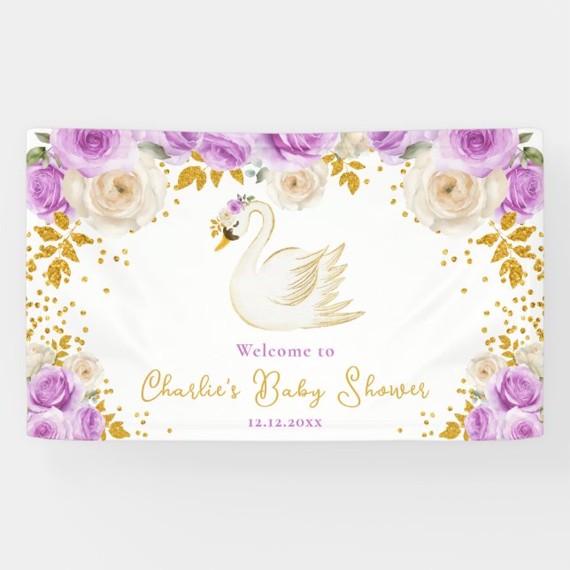 Swan Lila Gold Rose Kinderdusche Willkommen Banner (Horizontal)