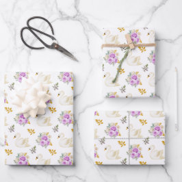 Swan Lila und Gold Floral Rose Geschenkpapier Set