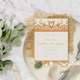 Swan Love Bird Coral & Ivory Damask Wedite Einladu Einladung