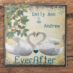 Swan Love Birds Wood Grain Ever After Anniversary Fliese<br><div class="desc">Elegante Schwäne Necks verbinden sich zu einem Vintagen Whimsical Heart Tree mit geschliffenen,  wirbelnden Kanten auf Elfenbeinfliesen</div>