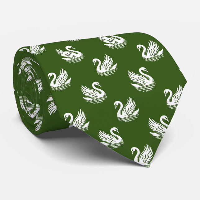 Swan Muster 02 - White on Forest Green Krawatte (Gerollt)