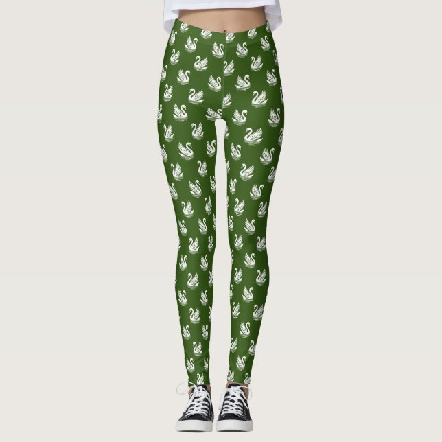 Swan Muster 02 - White on Forest Green Leggings (Vorderseite)