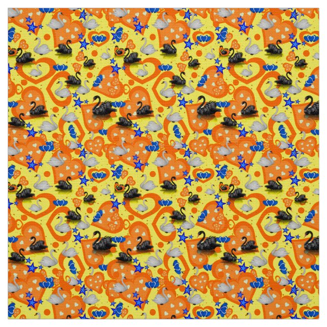 Swan Orange Hearts Yellow Fabric Stoff (Muster)