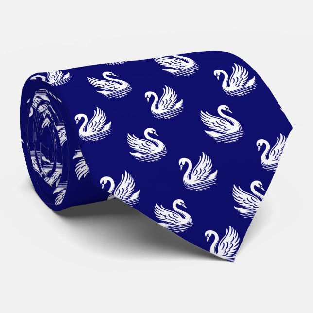 Swan Pattern 02 - White on Deep Navy Blue Krawatte (Gerollt)