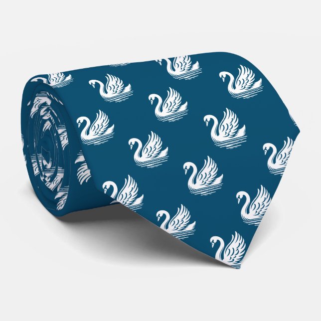 Swan Pattern - Weiß auf Ocean Blue Krawatte (Gerollt)