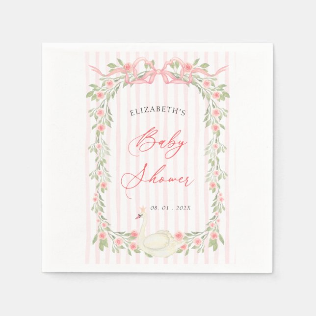 Swan Pink Bow Floral Baby Shower Serviette (Vorderseite)