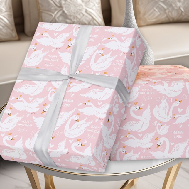 Swan Pink Girl Birthday Name Wrapping Paper Geschenkpapier (Swan Pink Girl Birthday Name Wrapping Paper)