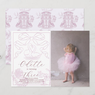 Swan Pink Toile de Jouy Girl Foto Geburtstag Einladung