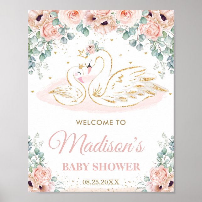 Swan Princess Blush Bloral Baby Dusche Willkommen Poster (Vorne)