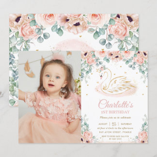 Swan Princess Blush Pink Floral 1. Geburtstag Foto Einladung
