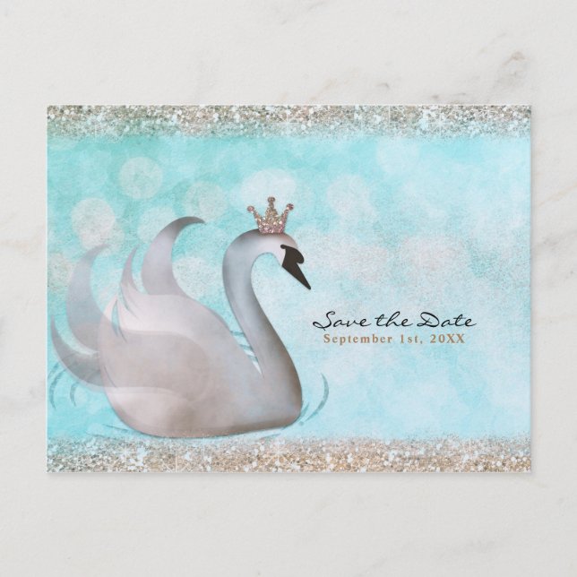 Swan Princess Glitzer Fairy Tale Save the Date Ankündigungspostkarte (Vorderseite)