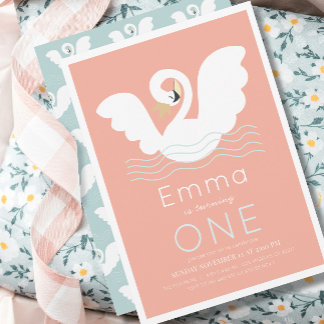 Swan Princess Pink Modern Girl 1. Geburtstag Einladung