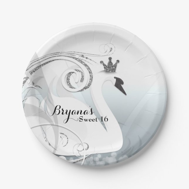 Swan Princess Silver & White Elegantes Party Pappteller (Vorderseite)