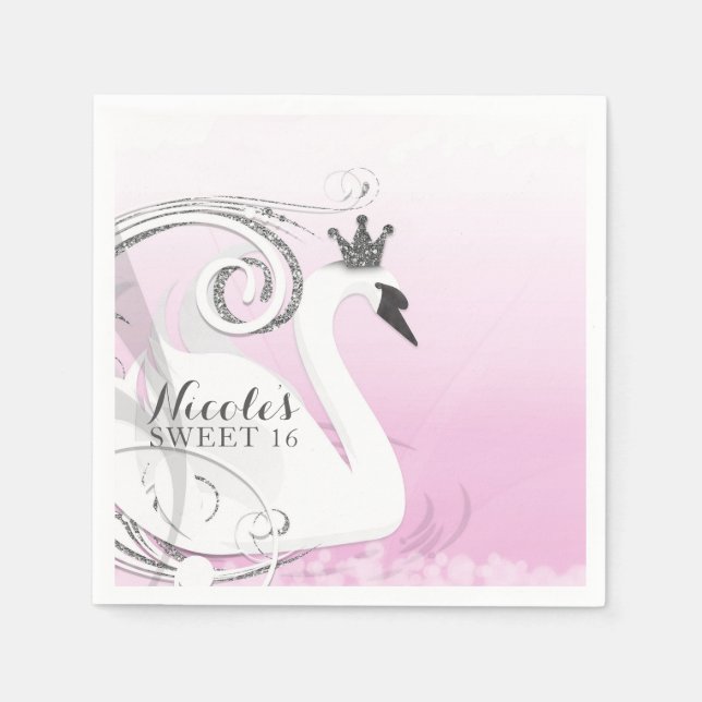 Swan Princess Silver White Pink Baby Dusche Gefall Serviette (Vorderseite)
