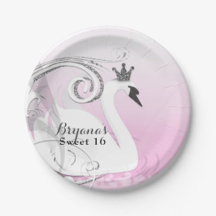 Swan Princess Silver White Pink Baby Dusche Pappteller