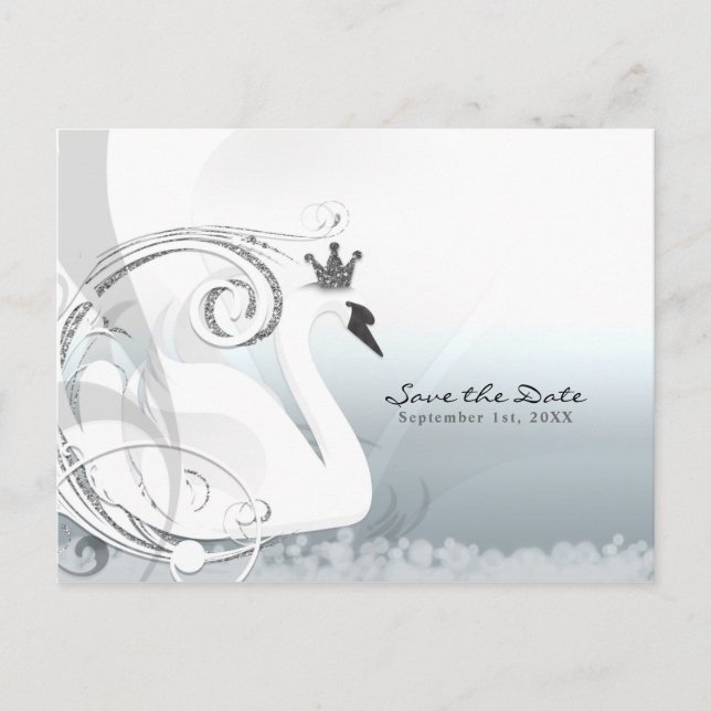 Swan Princess Silver & White Save the Date Ankündigungspostkarte (Vorderseite)