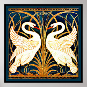 Swan, Rush und Iris, Vintage Malerei, Poster