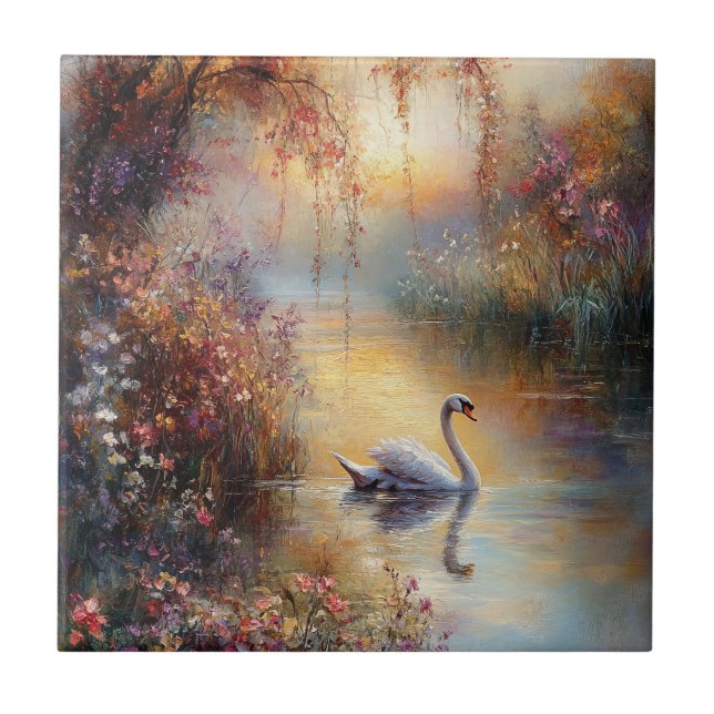 Swan Rustic Impressionist Malerei Fliese (Vorderseite)