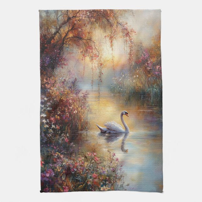 Swan Rustic Impressionist Malerei Geschirrtuch (Vertikal)