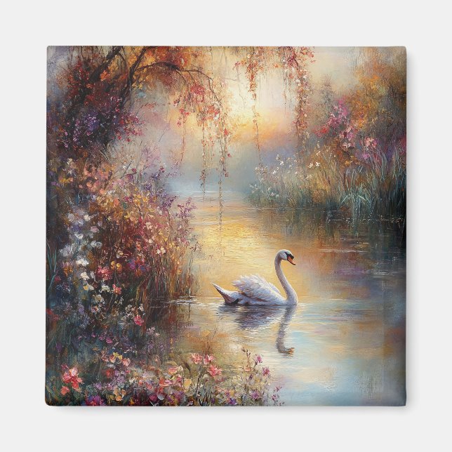 Swan Rustic Impressionist Malerei Magnet (Vorne)