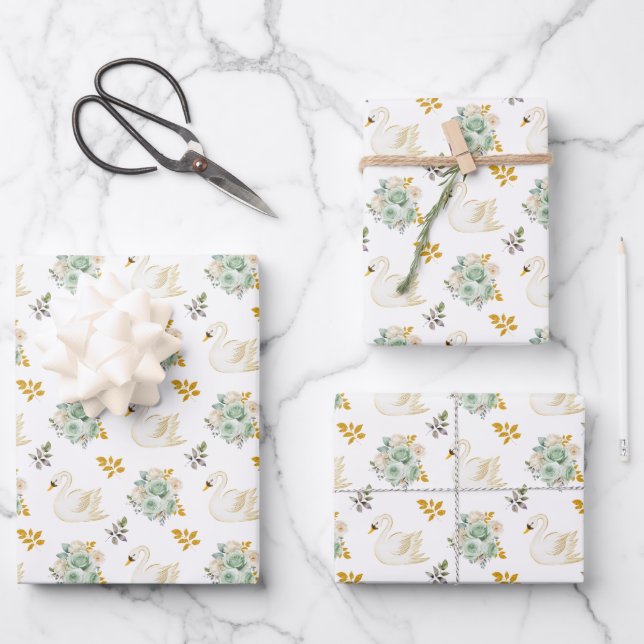 Swan Sage Green und Gold Floral Rose Geschenkpapier Set (Vorderseite)