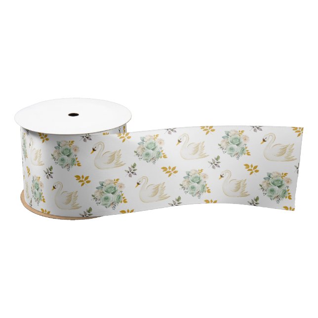 Swan Sage Green und Gold Floral Rose Satinband (Spule)