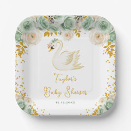 Swan Sage Green und Gold Rose Baby Showroom Pappteller