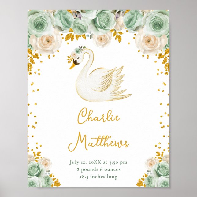 Swan Sage Green und Gold Rose Birnenstatistik Poster (Vorne)