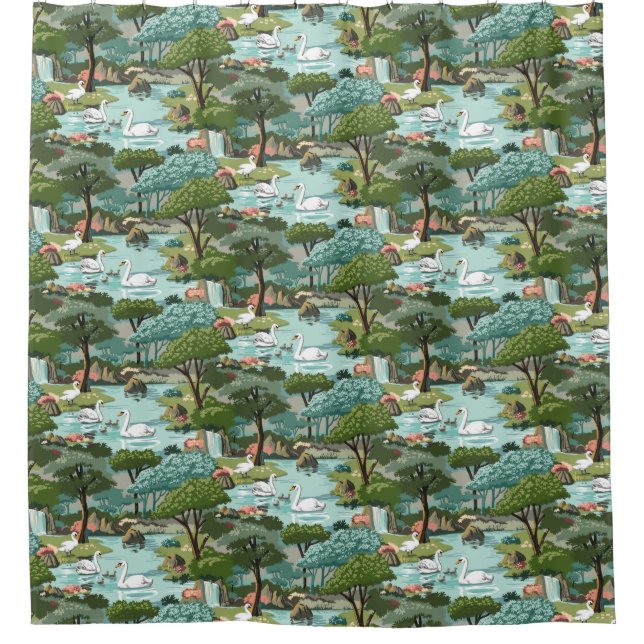 Swan See-Retro Art-Farbe durch Zahl Duschvorhang (Vorderseite)