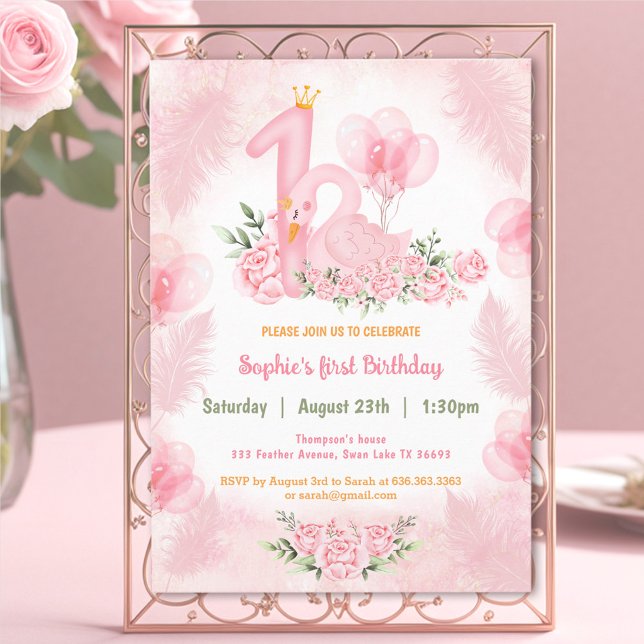 Swan Soft Floral Rose Pink White Girl 1. Geburtsta Einladung (Swan Soft Floral Rose Pink White Girl 1st Birthday Invitation)