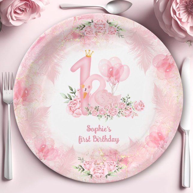 Swan Soft Floral Rose Pink White Girl 1. Geburtsta Pappteller (Swan Soft Floral Rose Pink White Girl 1st Birthday Paper Plates)