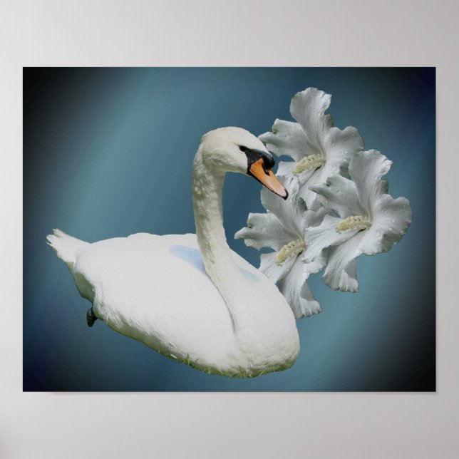 Swan und Hibiskus Blume Natur Kunst Poster (Vorne)