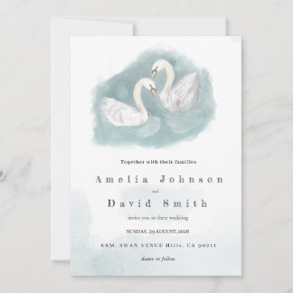 Swan watercolor themed elegant wedding invitation einladung