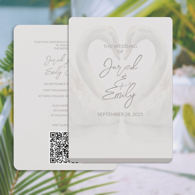 Swan Wedding Einladung mit QR Code (Swan Wedding Invitation with QR Code (front and back))