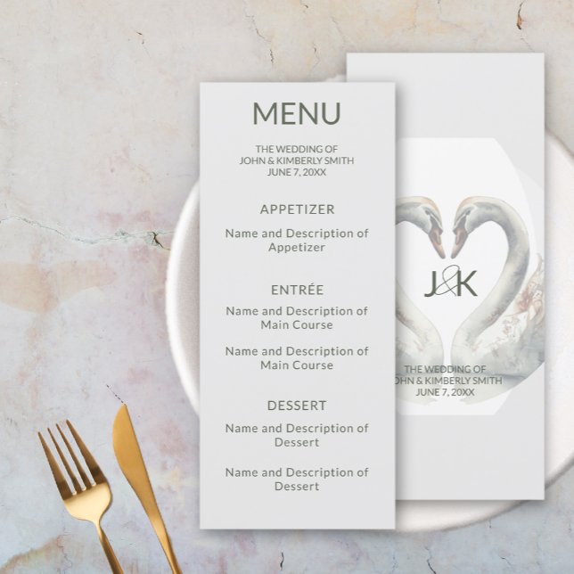 Swan Wedding Monogram Flat Menu Menükarte (Swan Wedding Monogram Flat Menu (front and back))