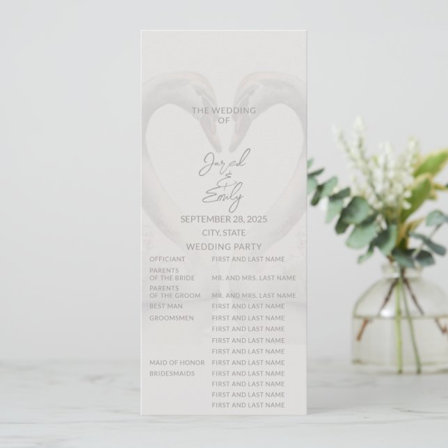 Swan Wedding Program | Voll Einladung (Stehend Vorderseite)