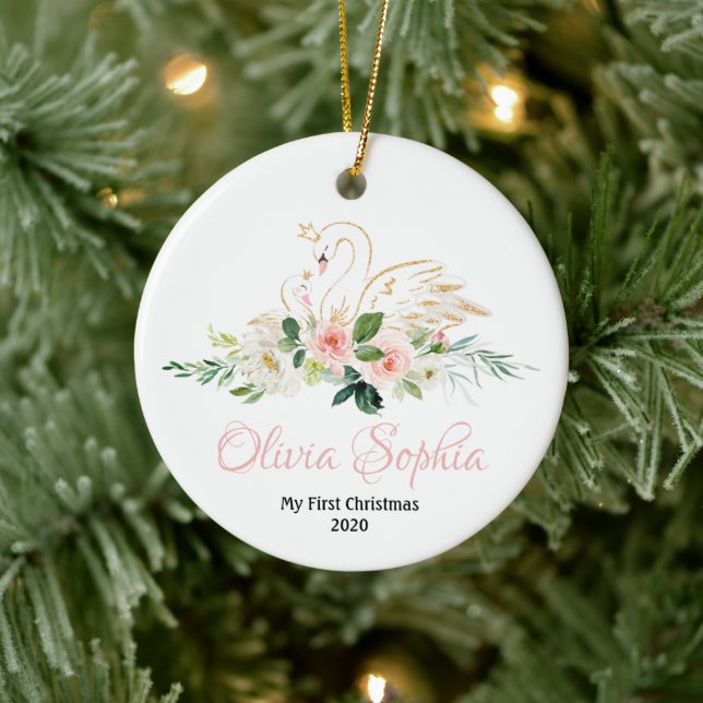 Swan Weihnachtsschmuck, Rosa und Gold Swan Keramik Ornament (Baum)
