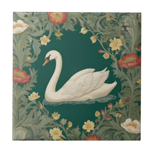 Swan William Morris Stil Links gegenüber Aquamarin Fliese (Vorderseite)