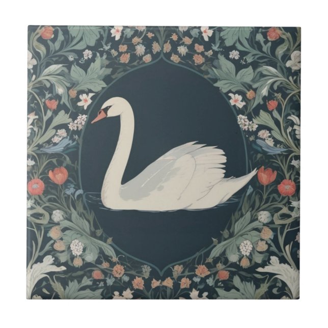 Swan William Morris Stil Links gegenüber Floral Fliese (Vorderseite)