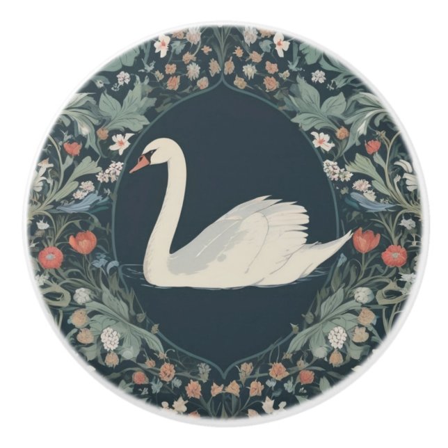 Swan William Morris Stil Links gegenüber Floral Keramikknauf (Vorderseite)