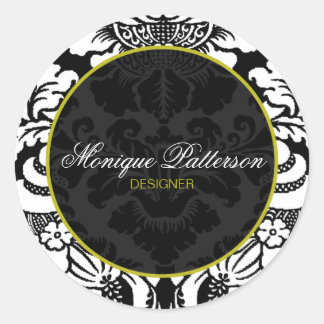 Swanky Sage Black Damask Chic Round Sticker