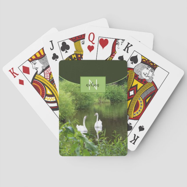 Swans auf Lake Green Monogram Classic Playing Card Spielkarten (Rückseite)