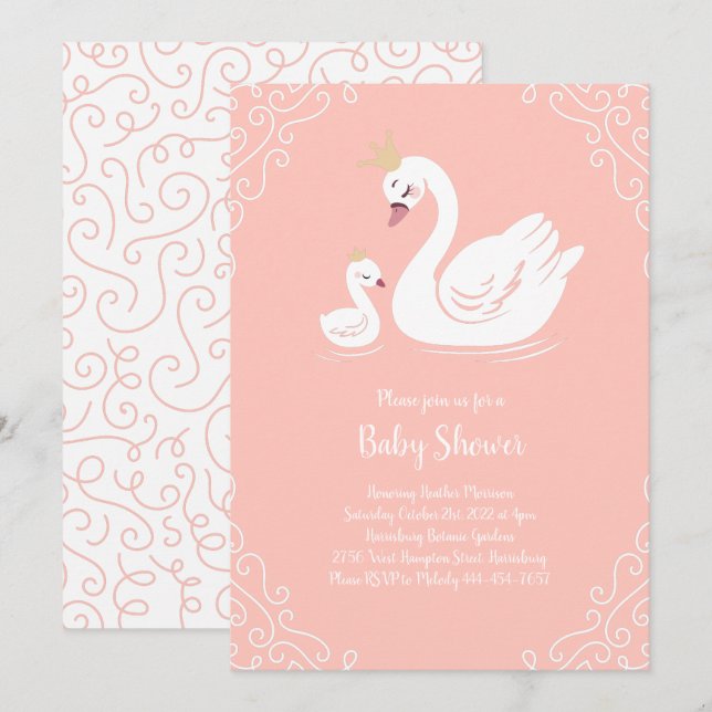 Swans Baby Showbird mit Crown Theme Peach Einladung (Vorne/Hinten)