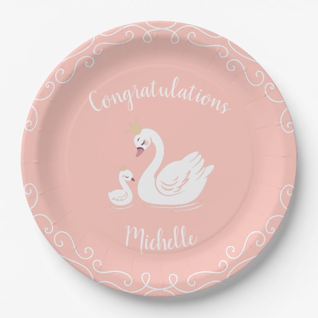 Swans Baby Showbird mit Crown Theme Peach Pappteller (Vorderseite)