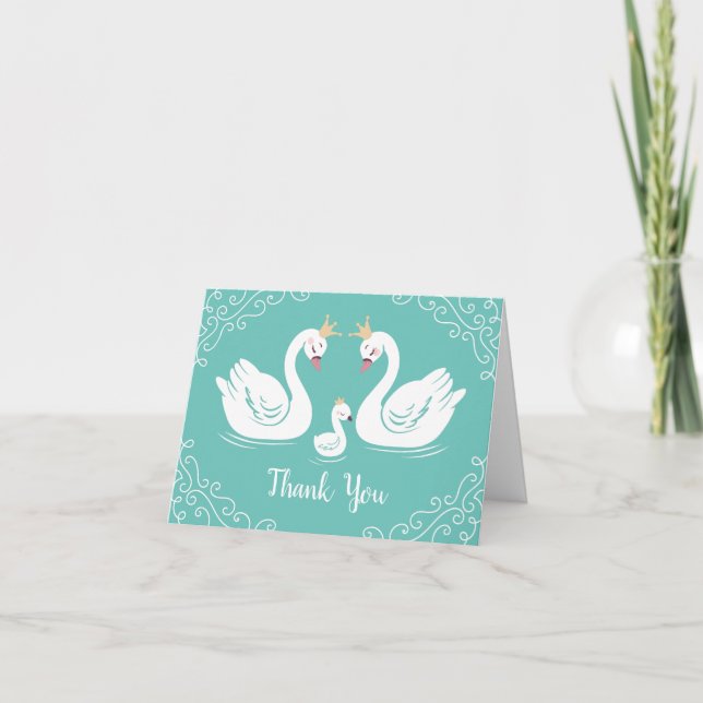 Swans Baby Shower Bird mit Crown Co-Ed Aquamarin Dankeskarte (Vorderseite)