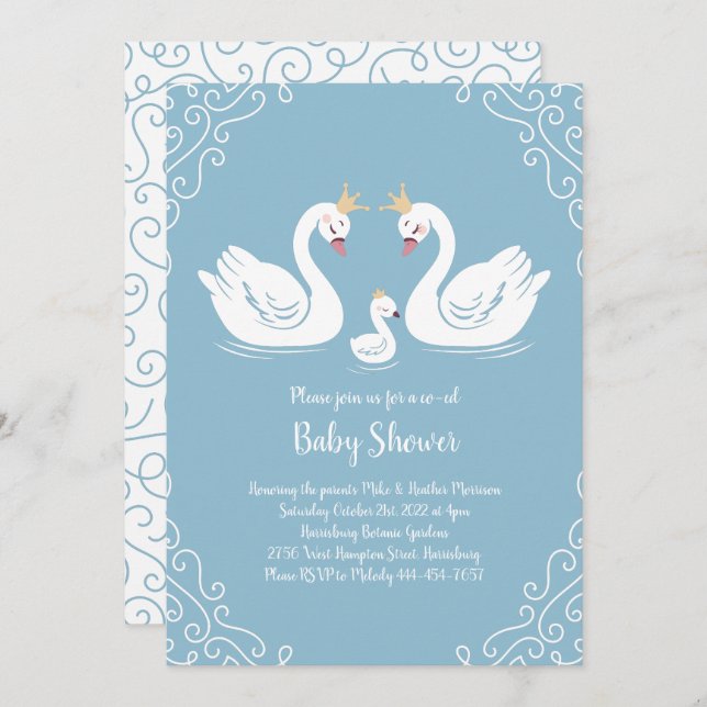 Swans Baby Shower Bird mit Crown Co-Ed Blue Einladung (Vorne/Hinten)