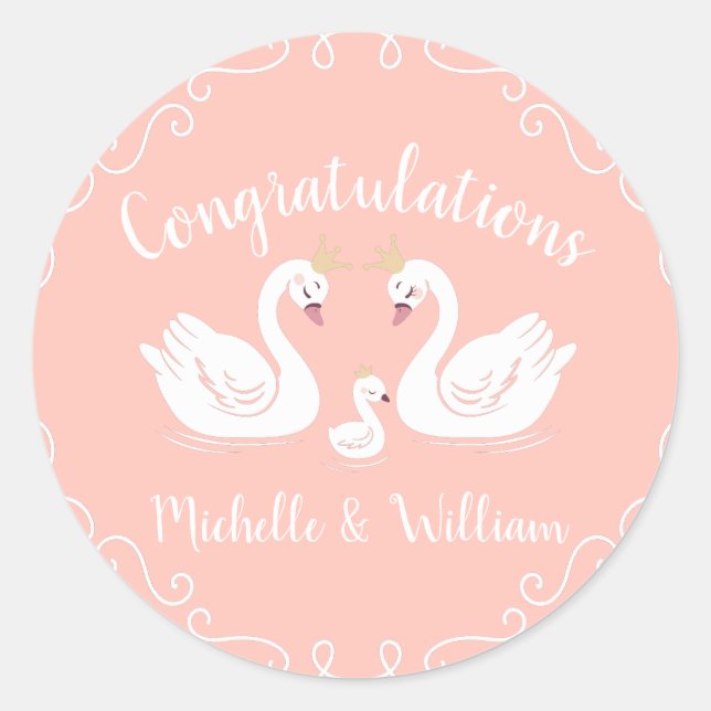 Swans Baby Shower Bird mit Crown Co-Ed Peach Runder Aufkleber (Vorderseite)